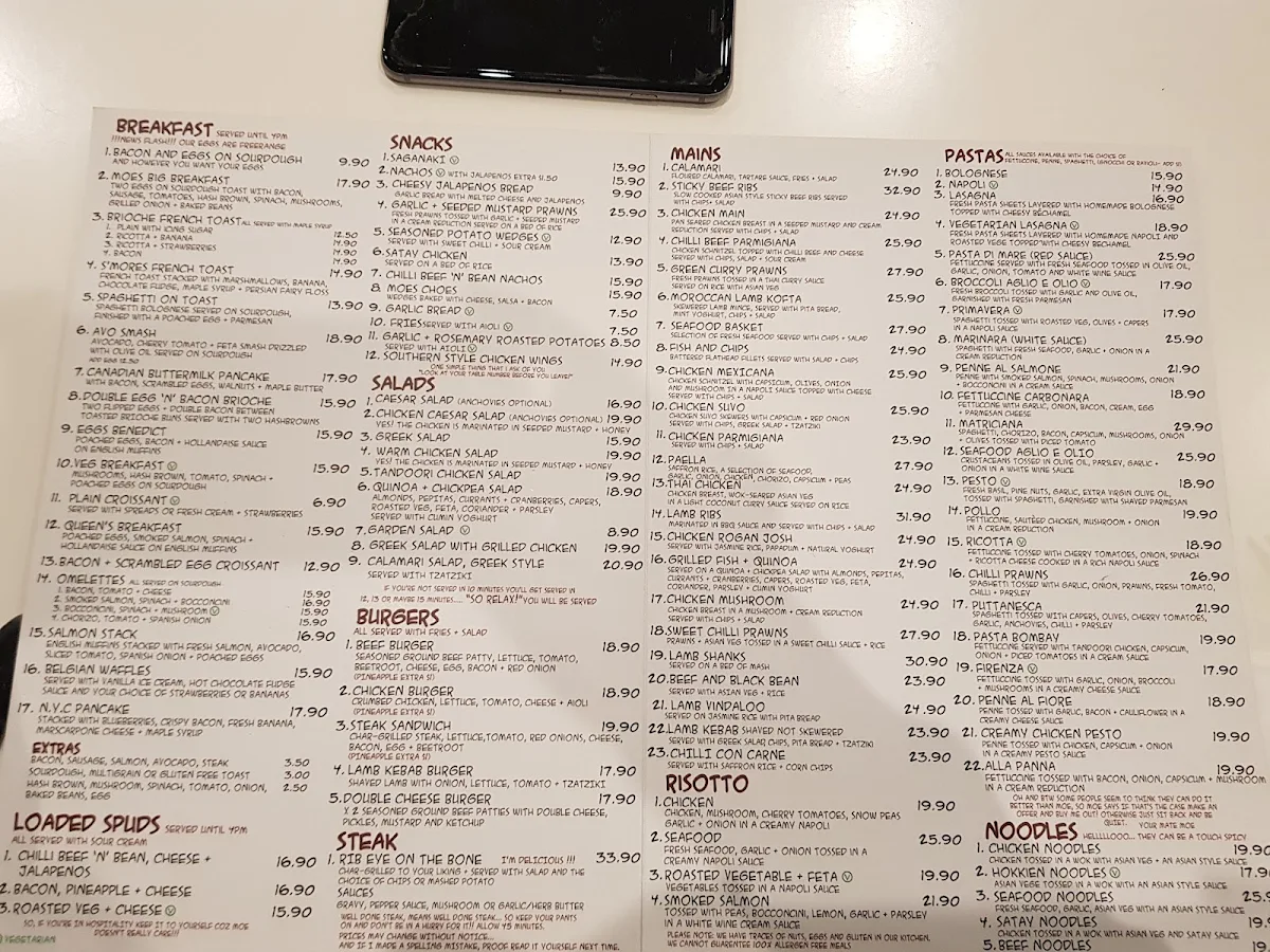 Menu, Lazy Moe's