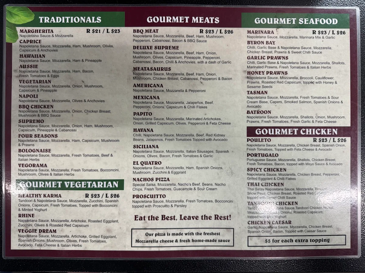 Menu, Balmoral Pizzeria