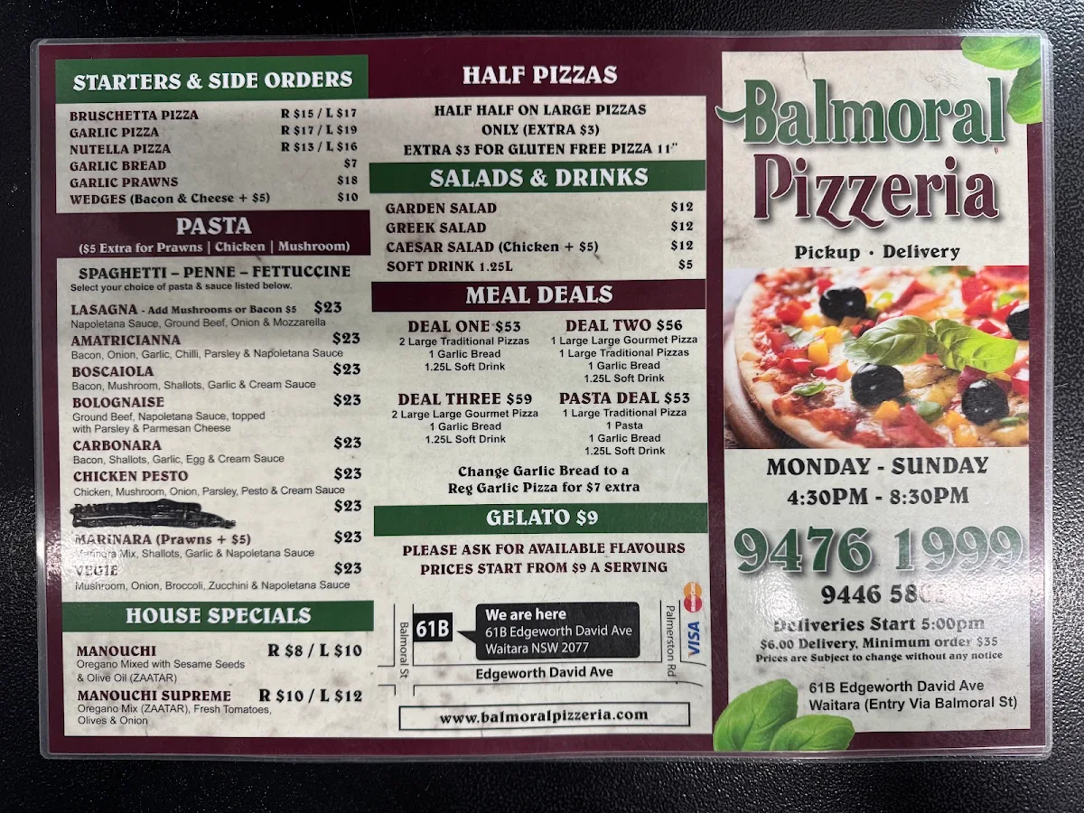 Menu, Balmoral Pizzeria