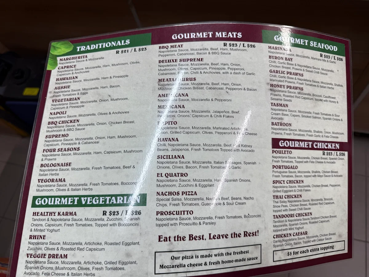 Menu, Balmoral Pizzeria