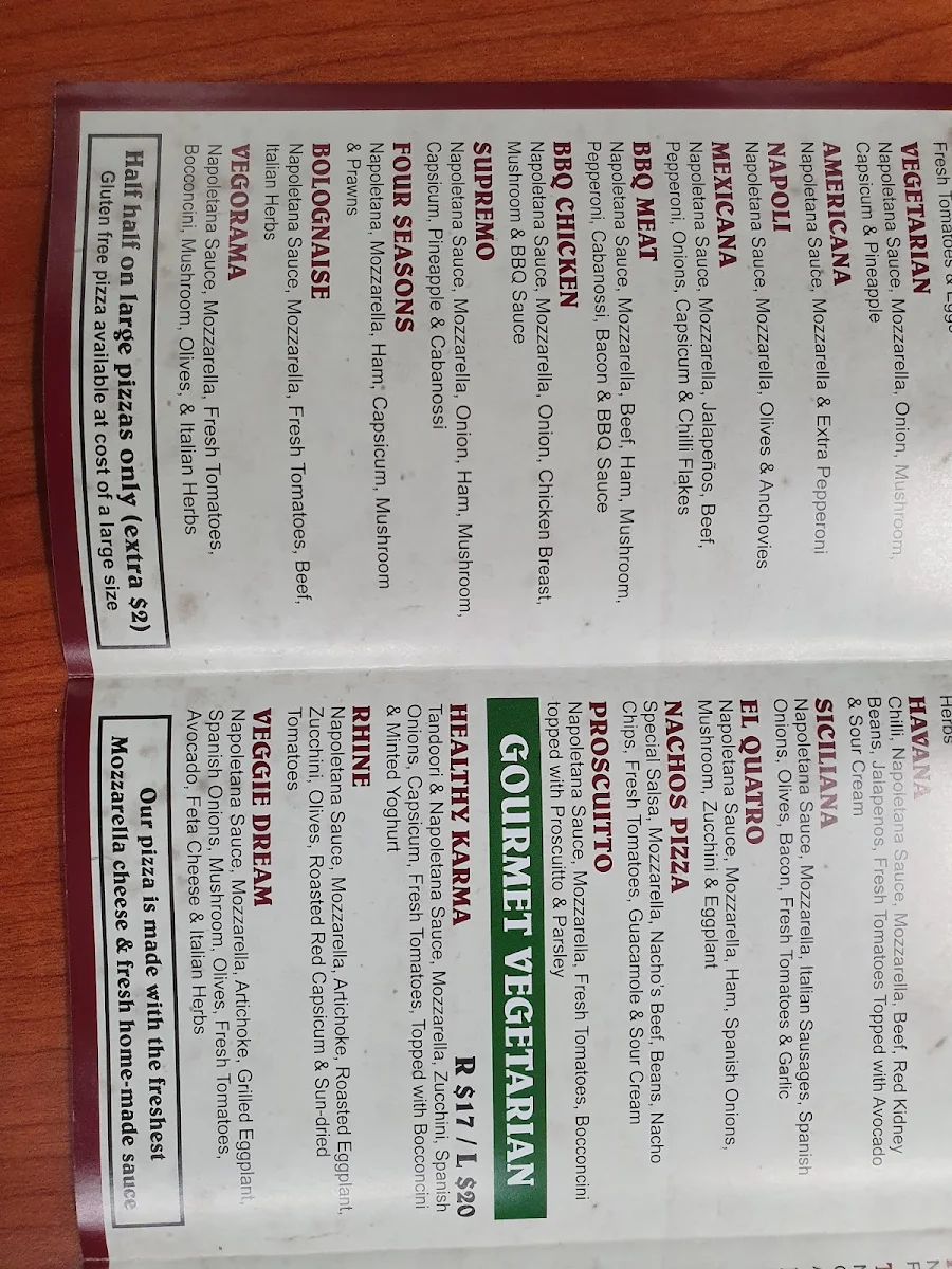 Menu, Balmoral Pizzeria