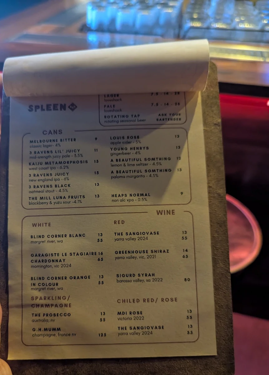 Menu, Spleen Bar