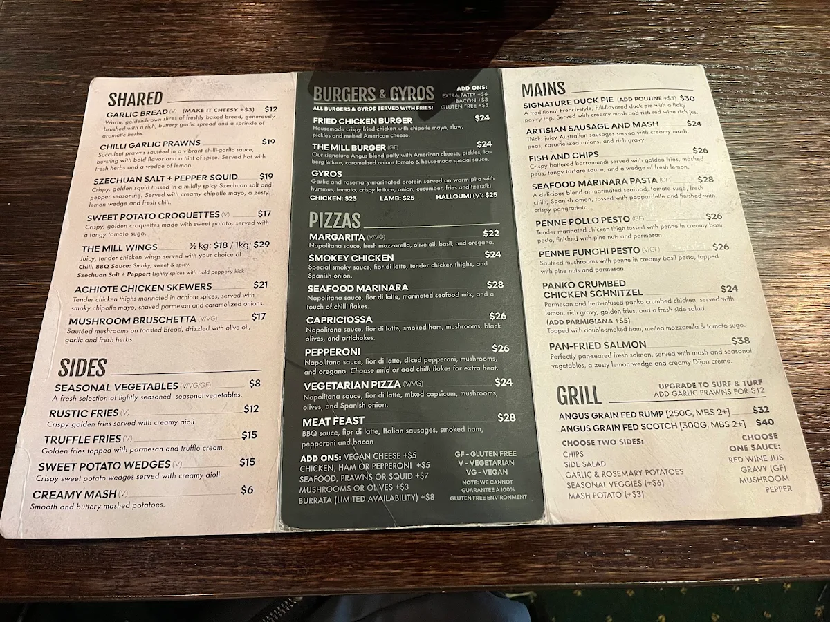 Menu, The Mill