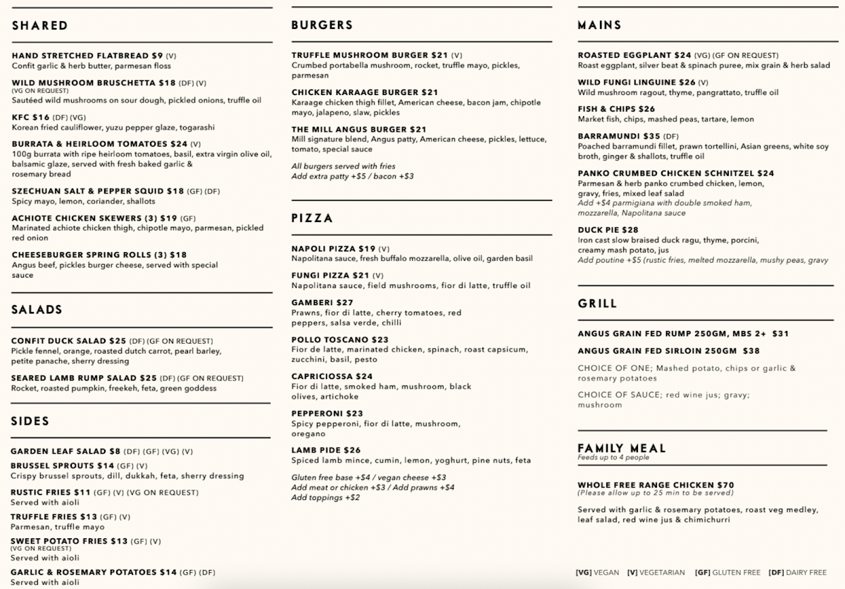 Menu, The Mill