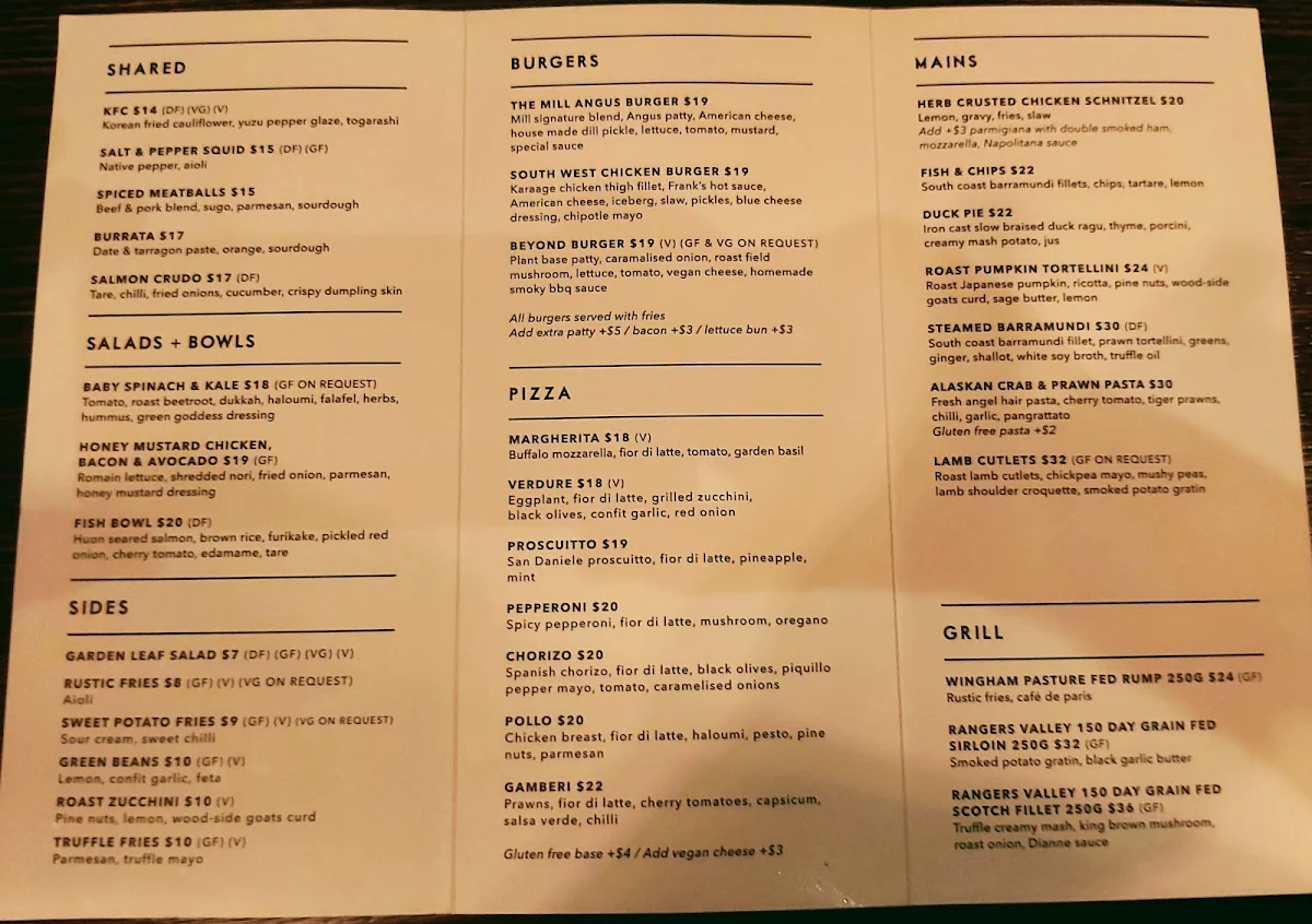 Menu, The Mill