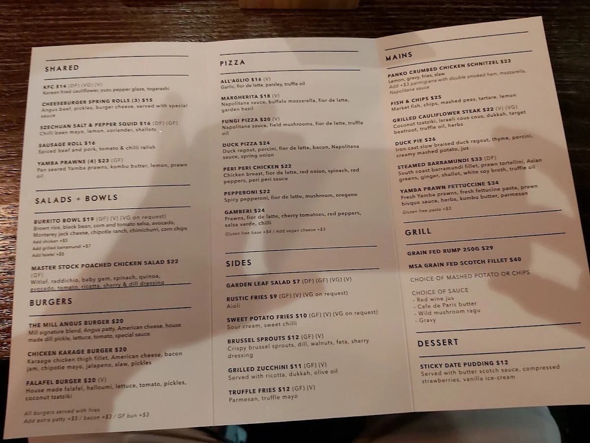 Menu, The Mill