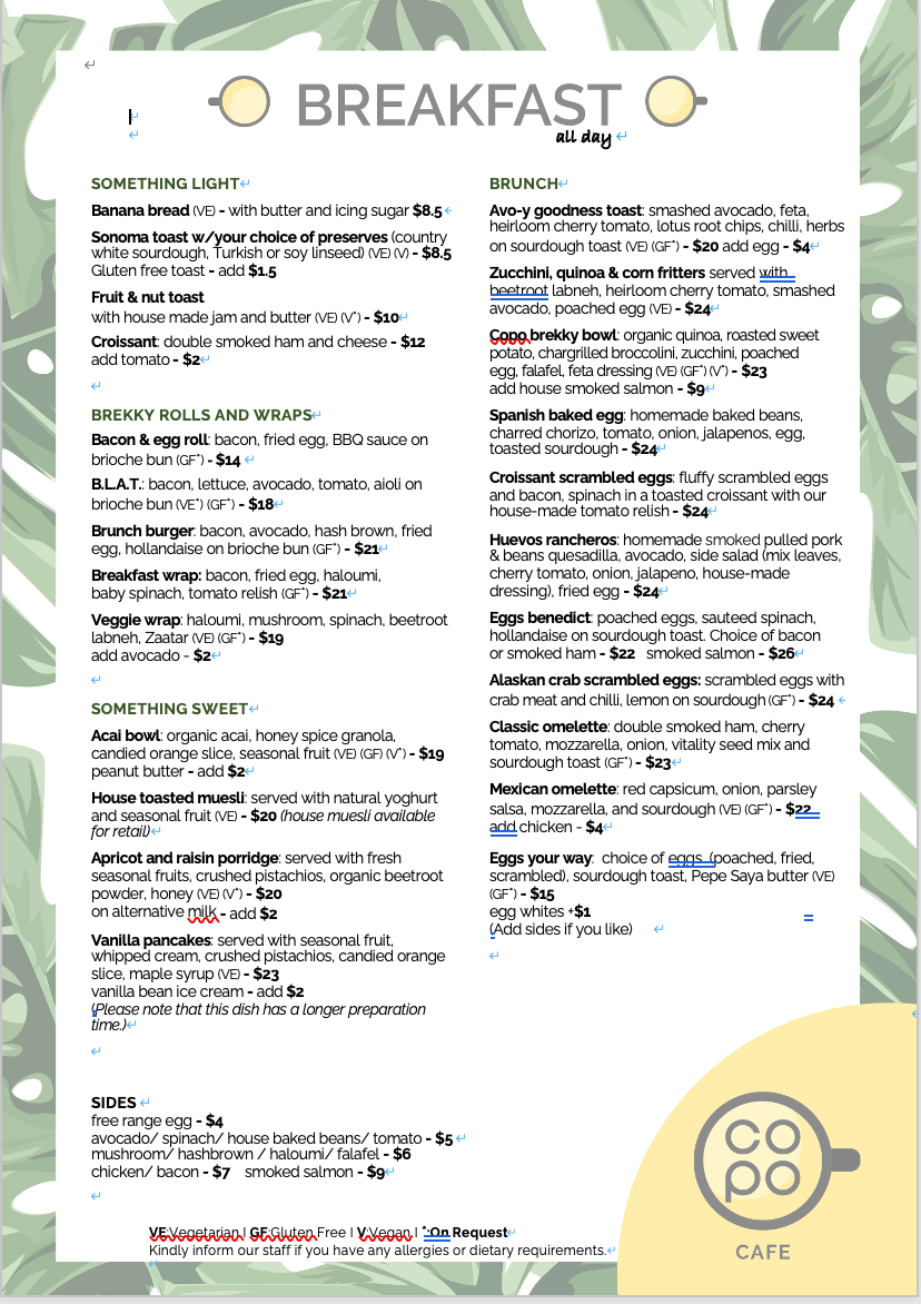 Menu, Copo Cafe