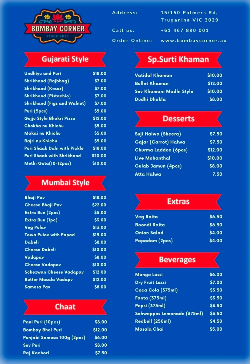 Menu, Bombay Corner