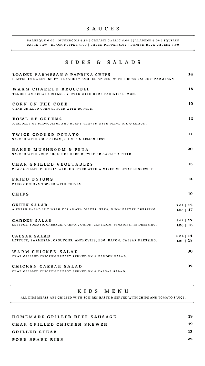 Menu, Squires Loft Geelong