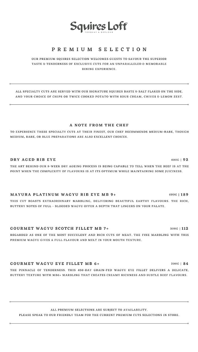 Menu, Squires Loft Geelong