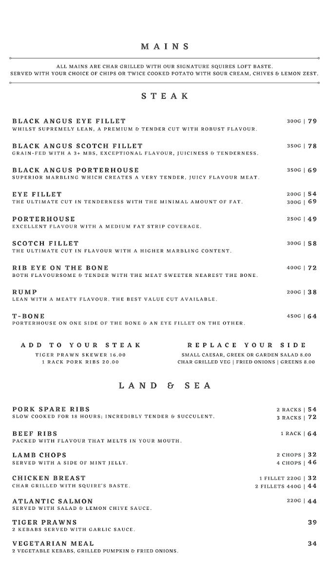 Menu, Squires Loft Geelong