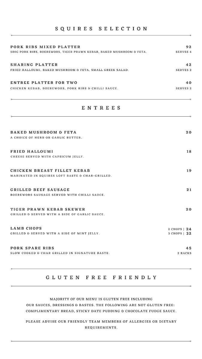 Menu, Squires Loft Geelong