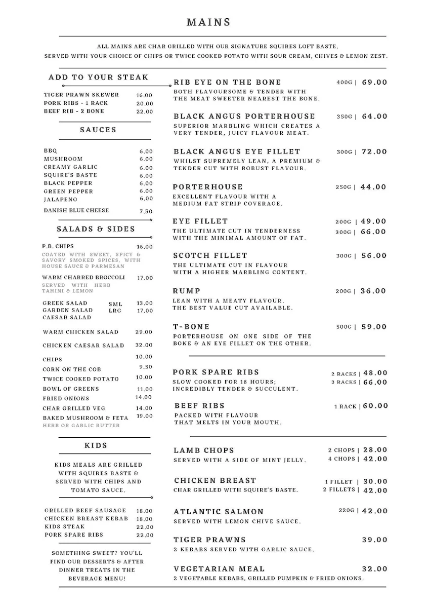 Menu, Squires Loft Geelong