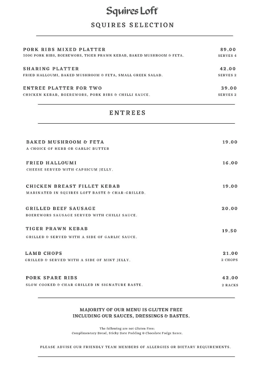 Menu, Squires Loft Geelong