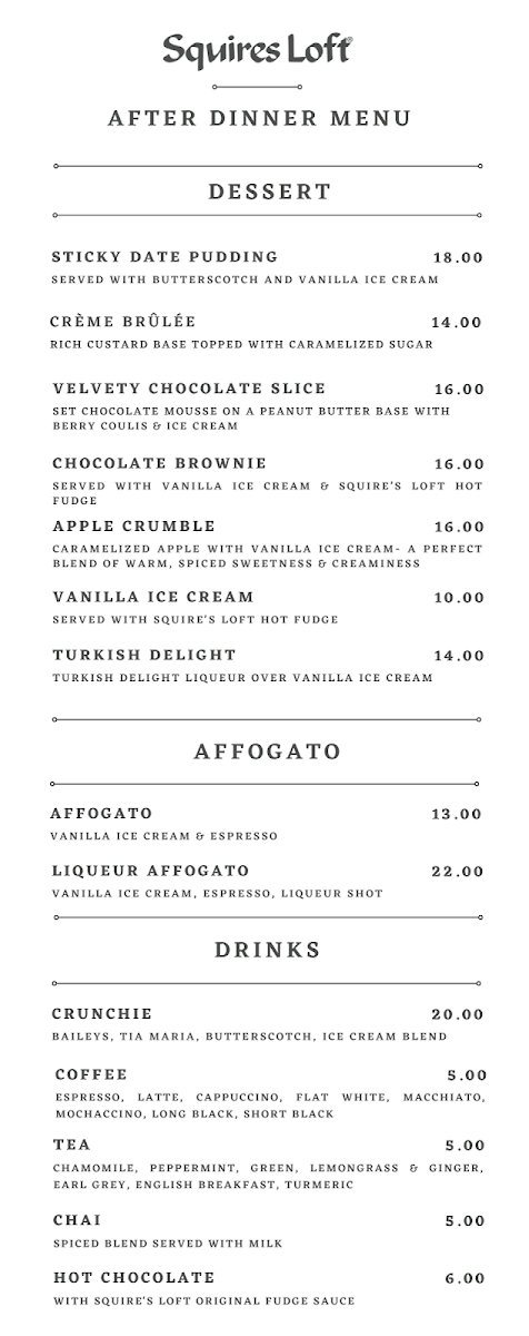 Menu, Squires Loft Geelong