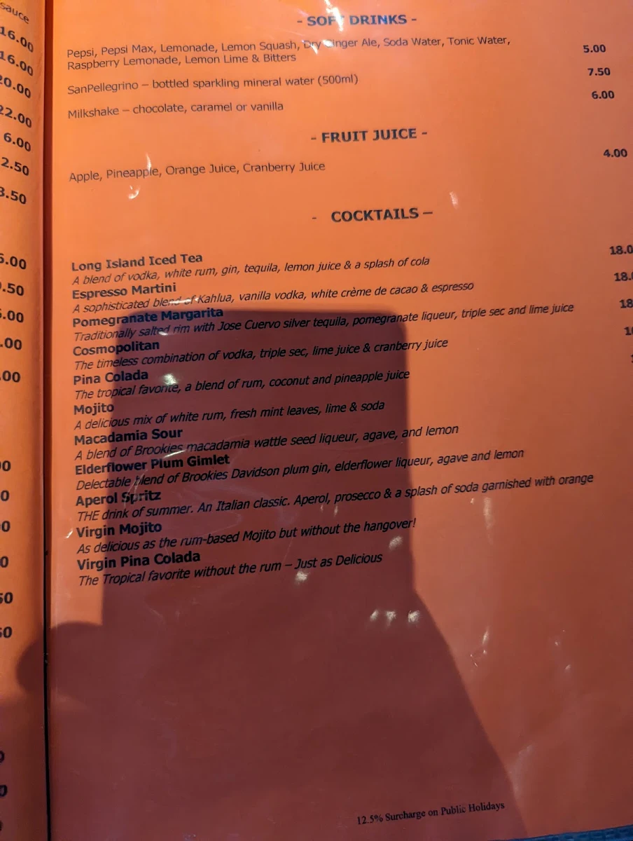 Menu, Squires Loft Geelong
