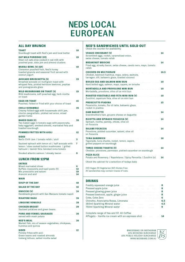 Menu, Ned's Bake & Bistro Armadale