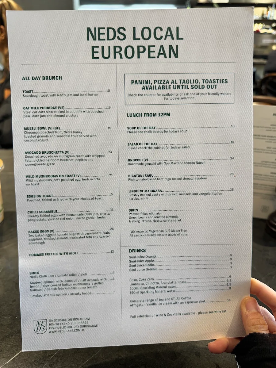 Menu, Ned's Bake & Bistro Armadale