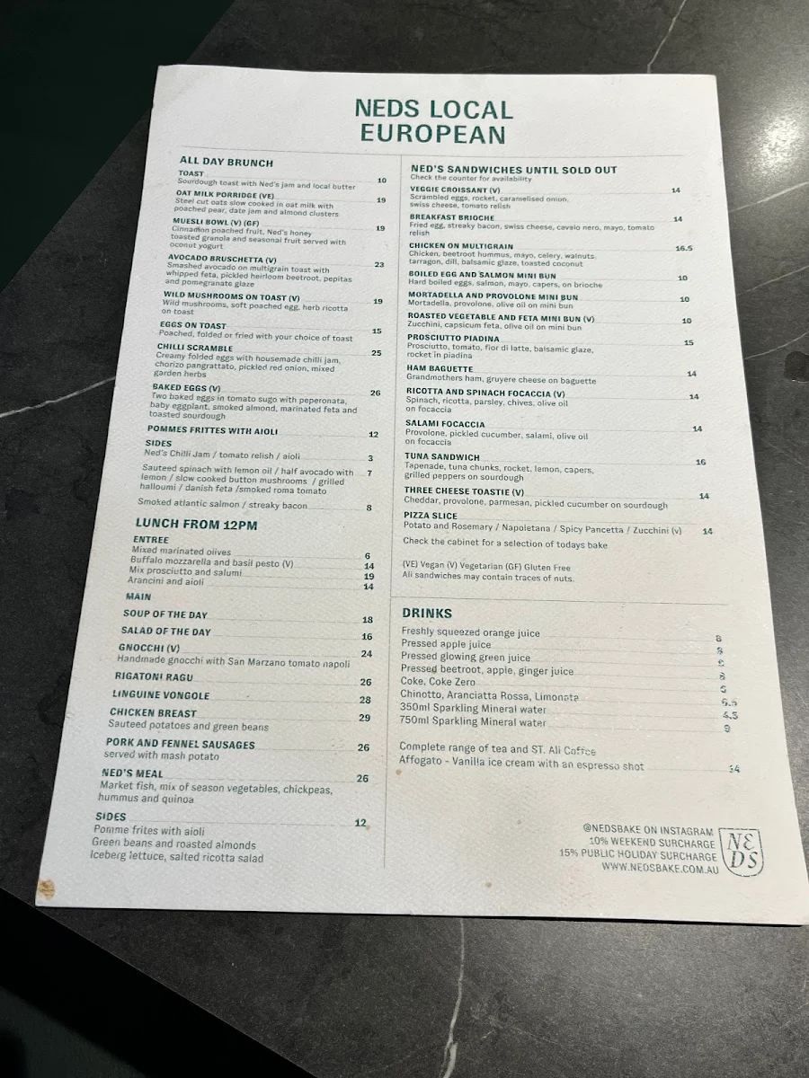 Menu, Ned's Bake & Bistro Armadale