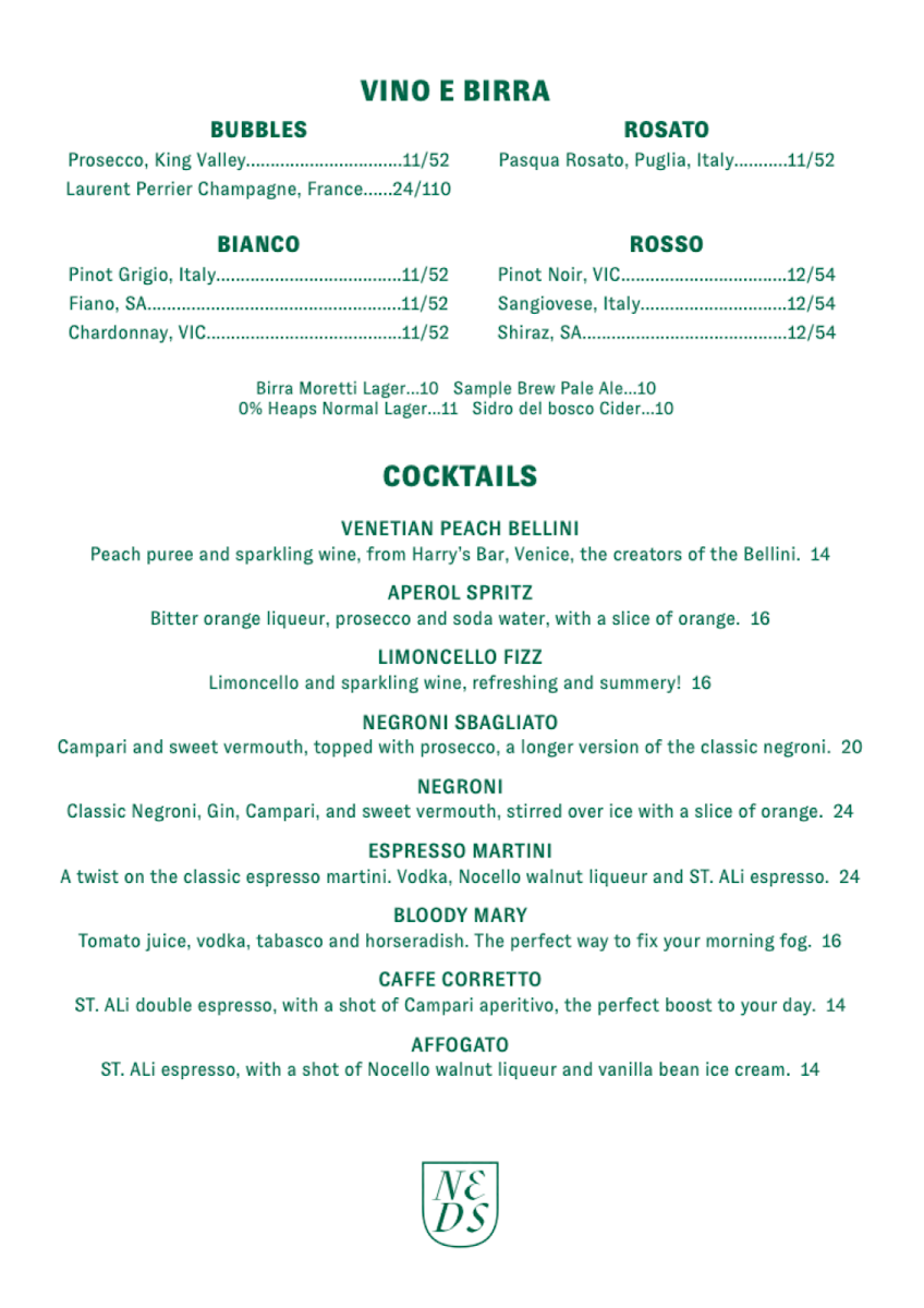 Menu, Ned's Bake & Bistro Armadale