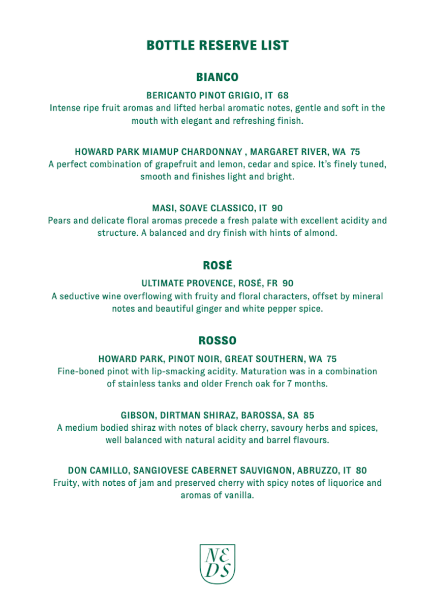 Menu, Ned's Bake & Bistro Armadale