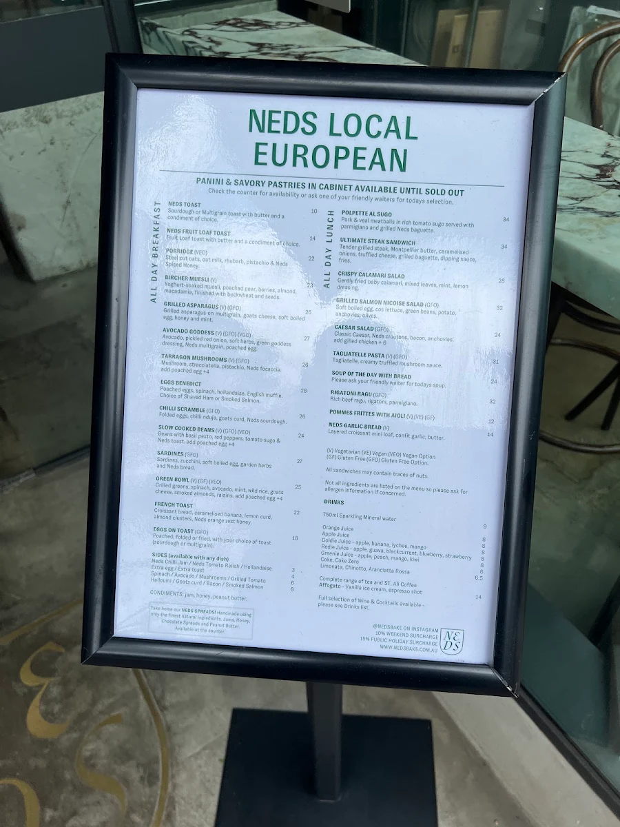 Menu, Ned's Bake & Bistro Armadale