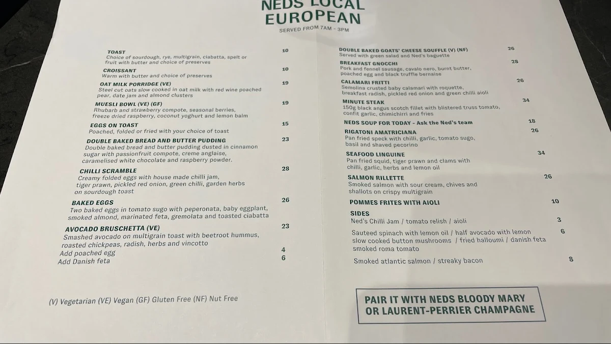Menu, Ned's Bake & Bistro Armadale