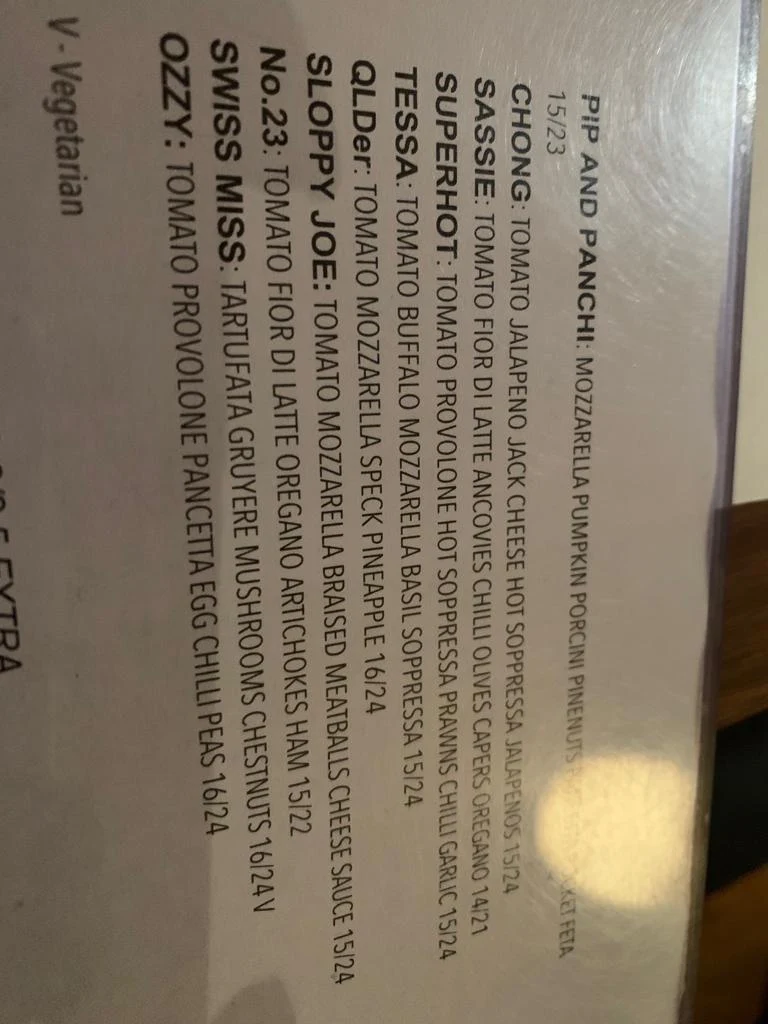 Menu, Pizza Meine Liebe