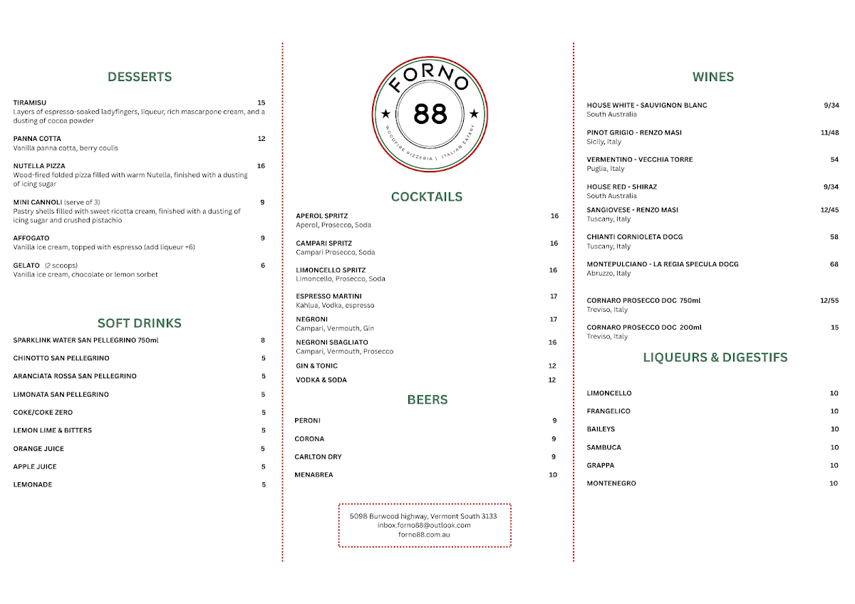 Menu, Forno 88