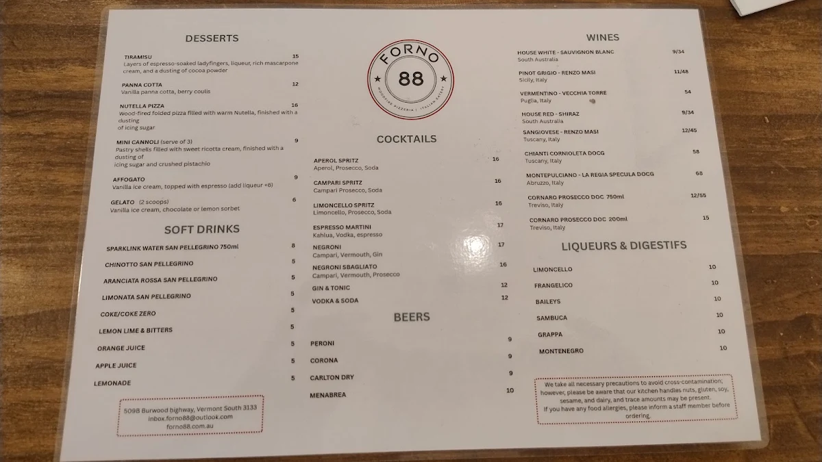 Menu, Forno 88
