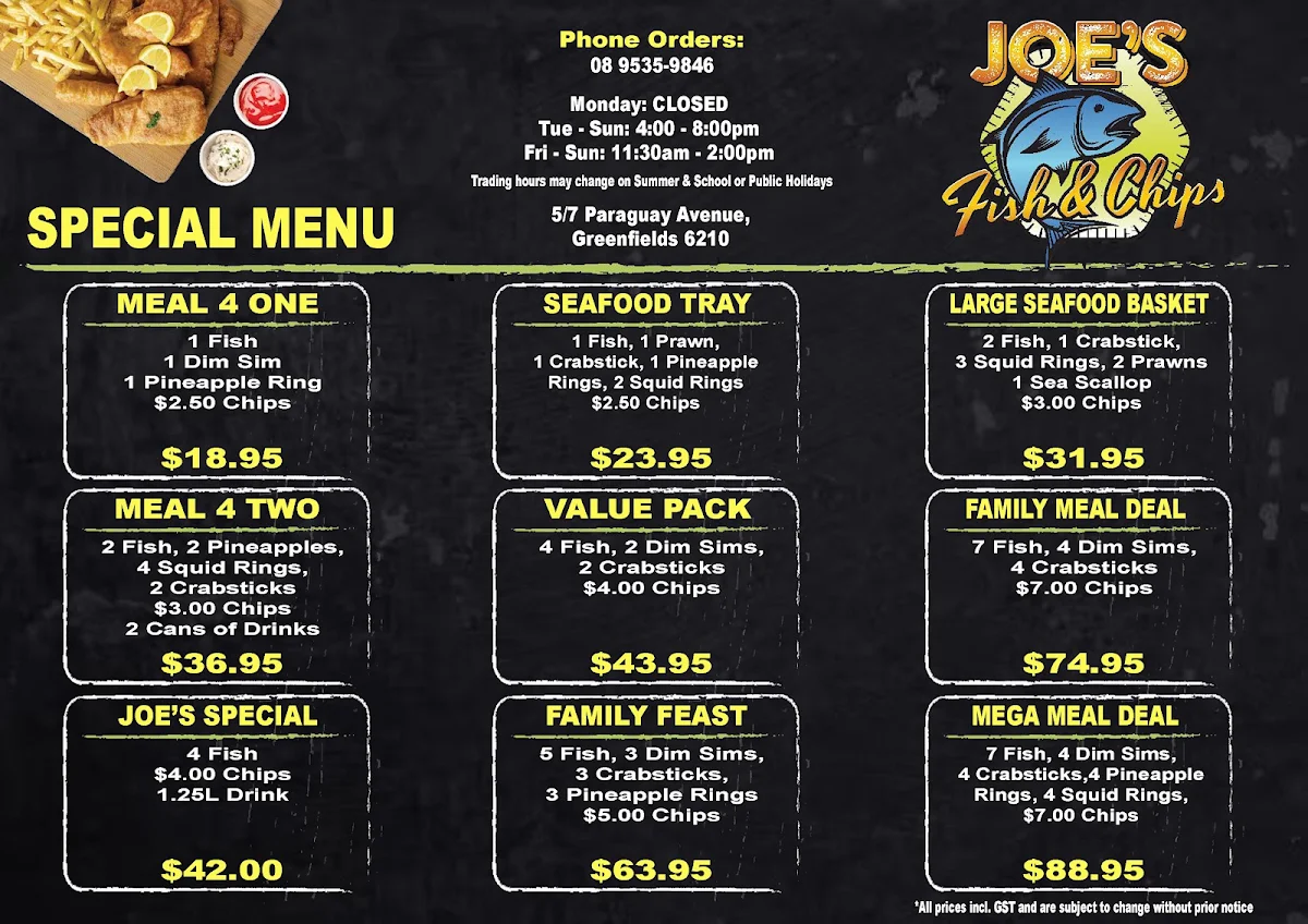 Menu, Joe's Fish & Chips