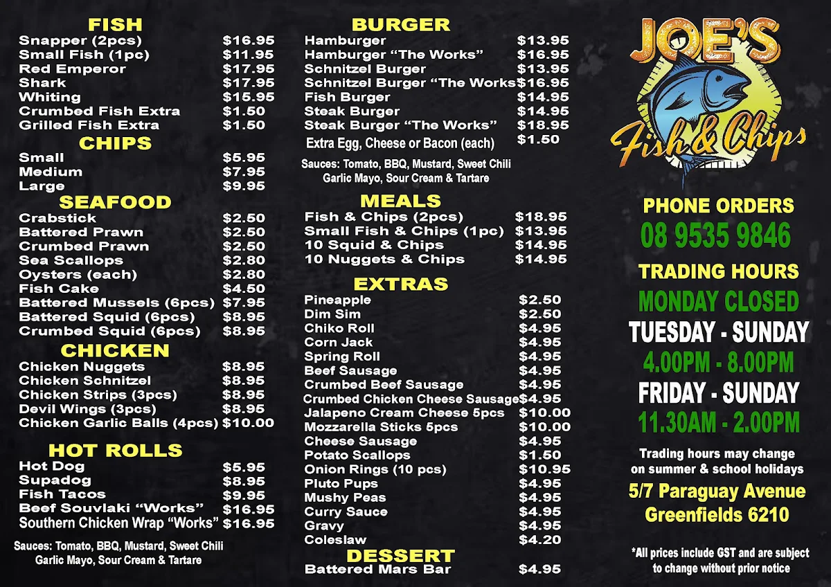 Menu, Joe's Fish & Chips