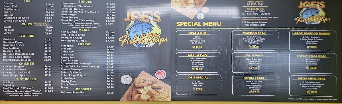 Menu, Joe's Fish & Chips