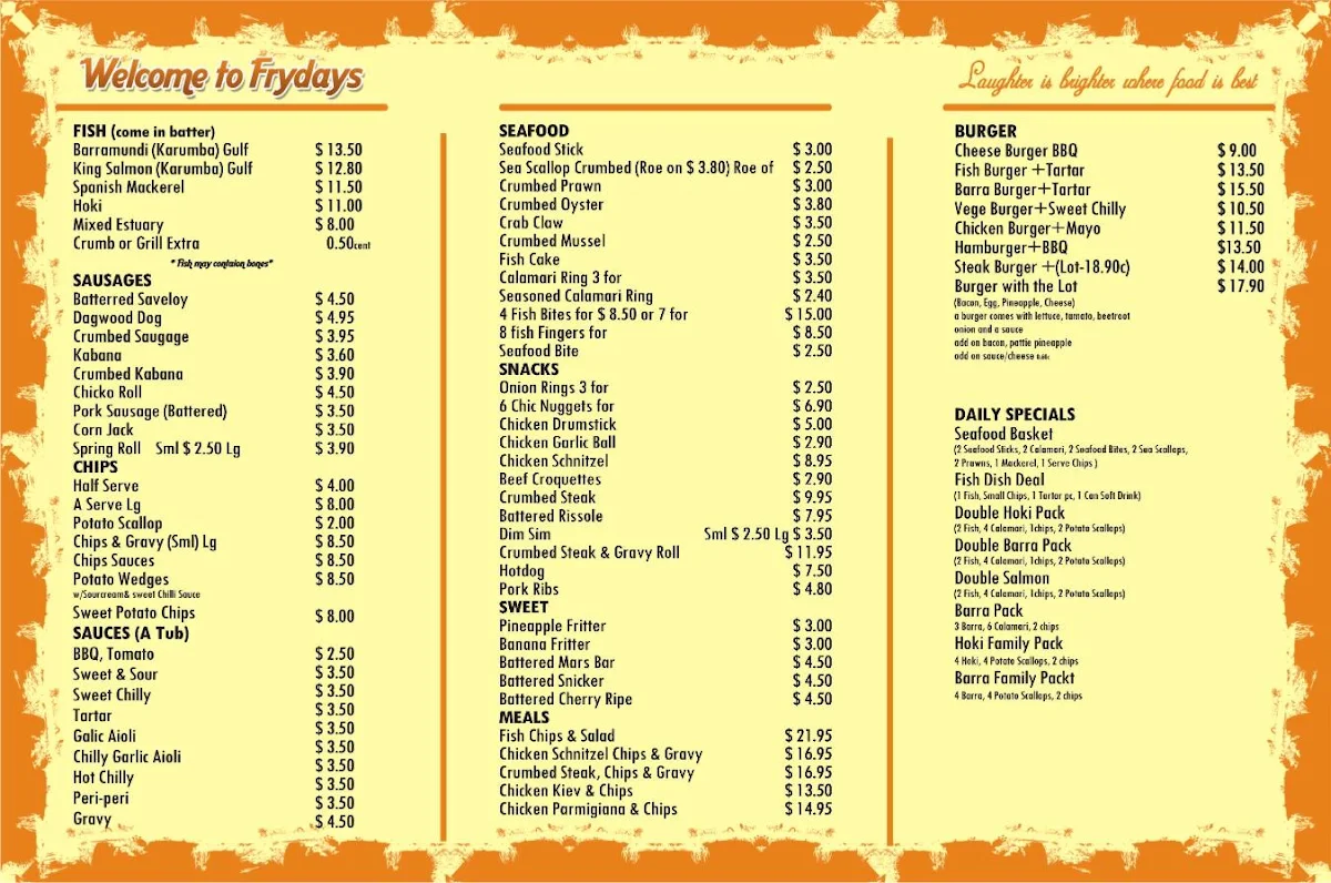 Menu, Frydays Fish Inn with Kebabs