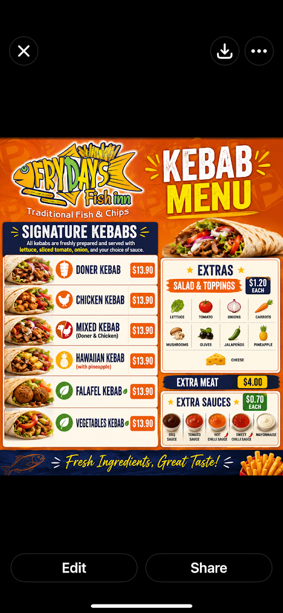 Menu, Frydays Fish Inn with Kebabs