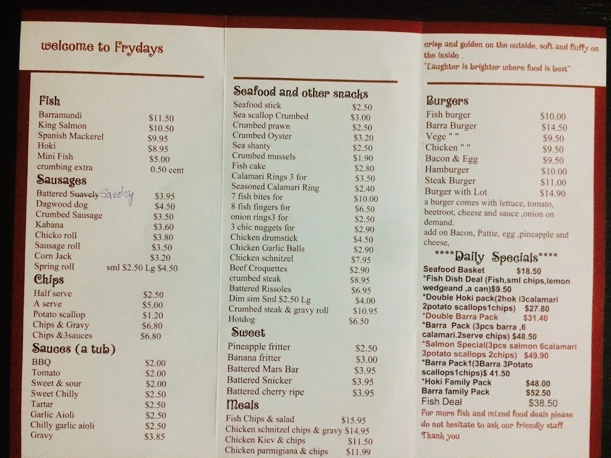 Menu, Frydays Fish Inn with Kebabs