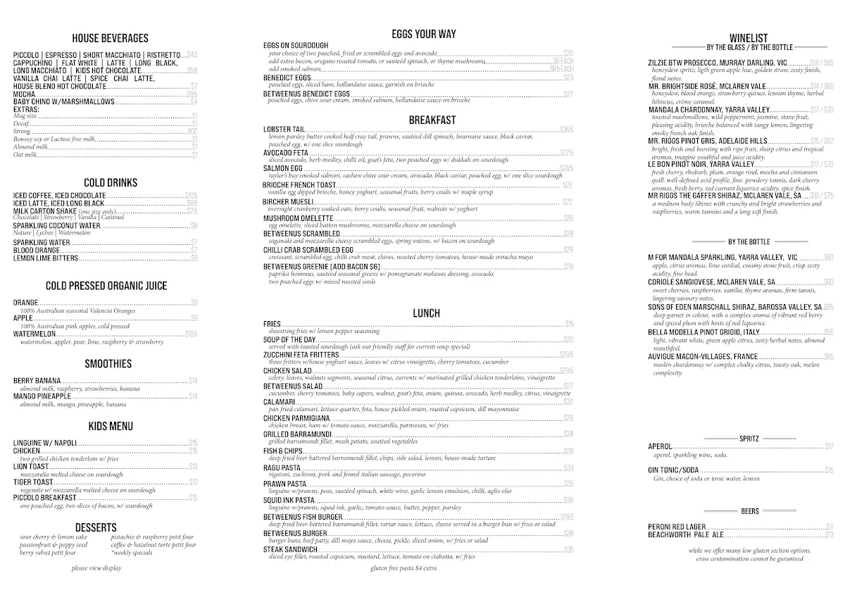 Menu, BetweenUs Coffee Food Wine
