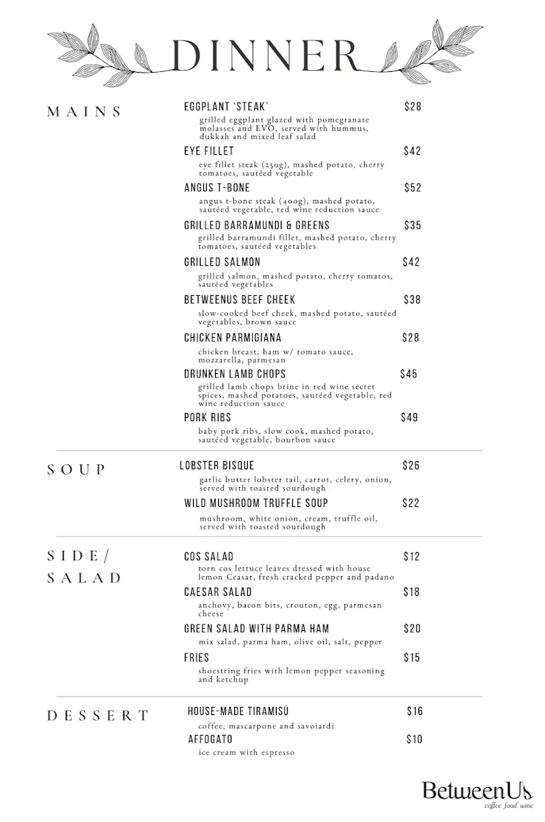 Menu, BetweenUs Coffee Food Wine