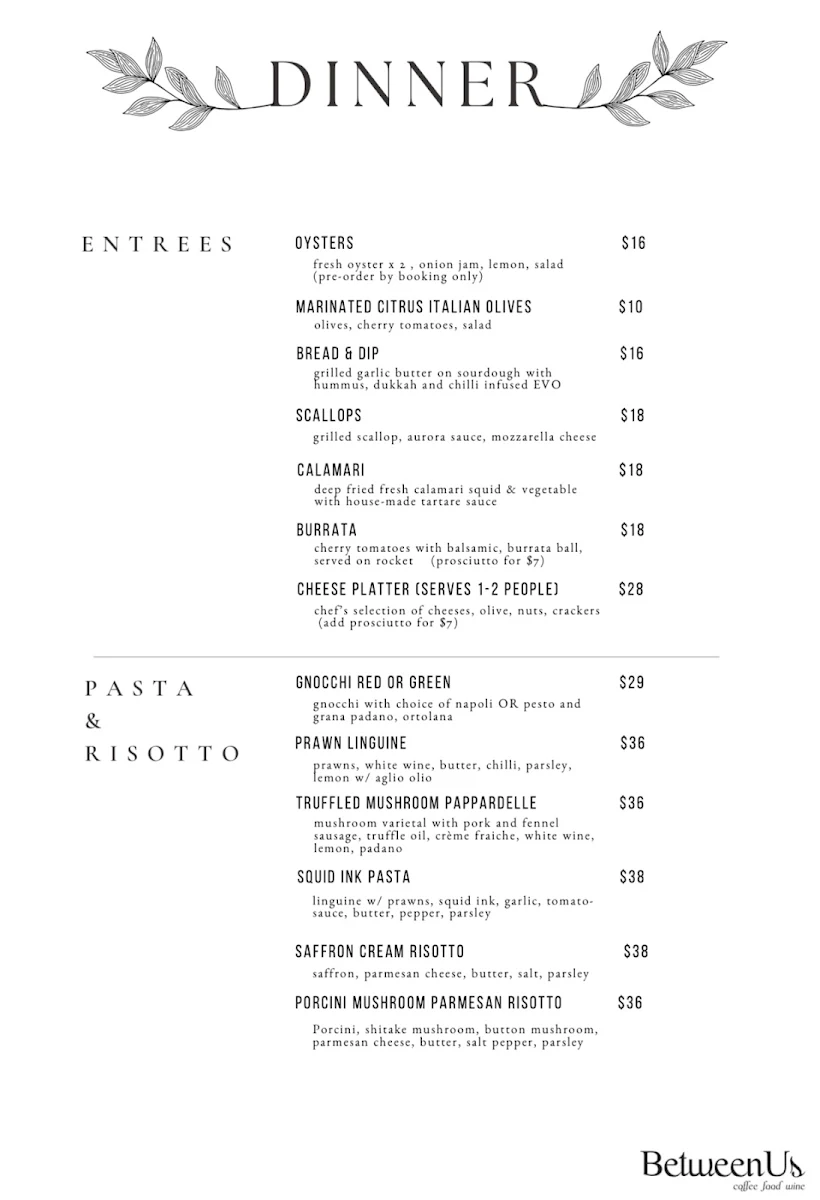 Menu, BetweenUs Coffee Food Wine