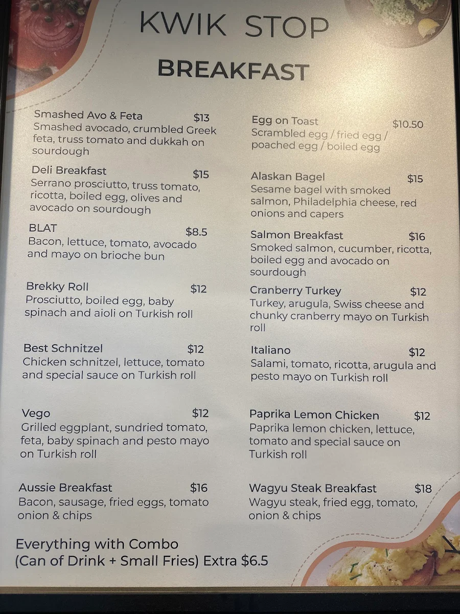 Menu, Kwik-Stop Lunch Shop & Cafe