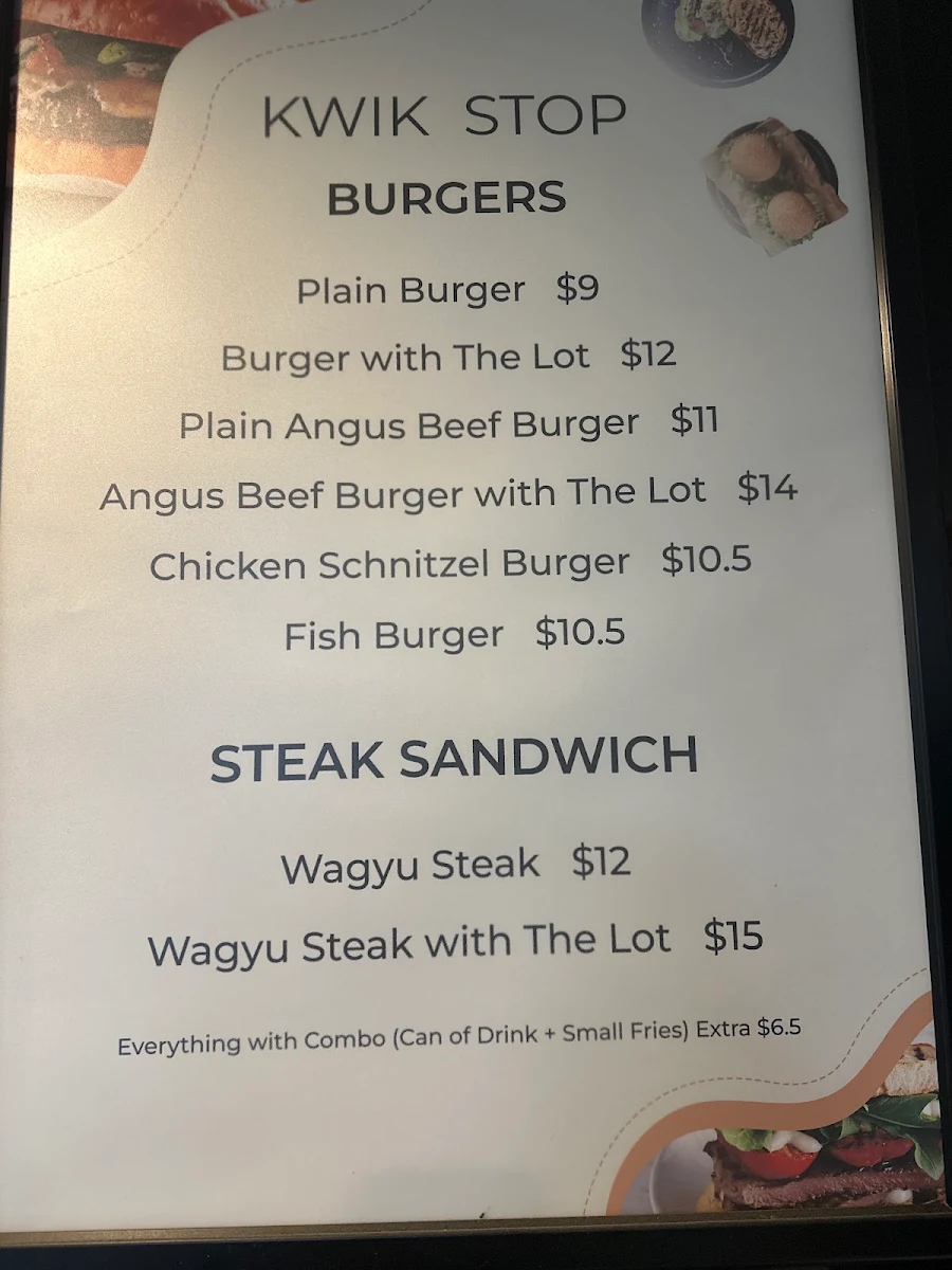 Menu, Kwik-Stop Lunch Shop & Cafe