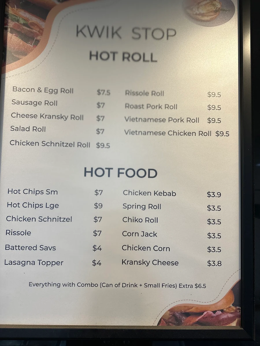 Menu, Kwik-Stop Lunch Shop & Cafe