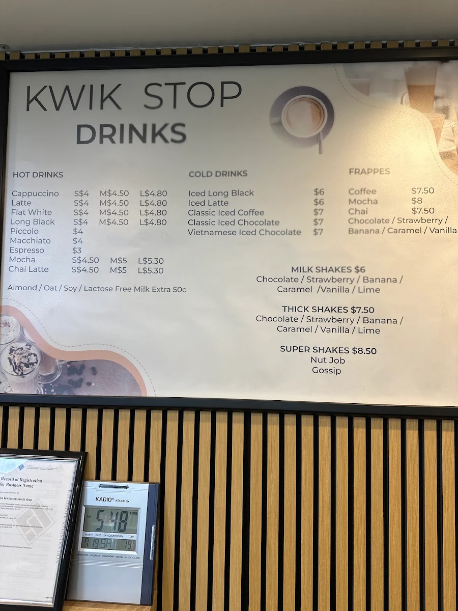 Menu, Kwik-Stop Lunch Shop & Cafe
