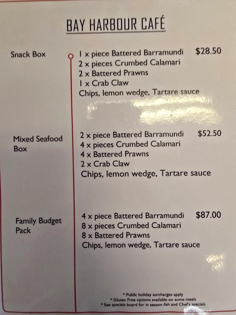 Menu, Bay Harbour Cafe