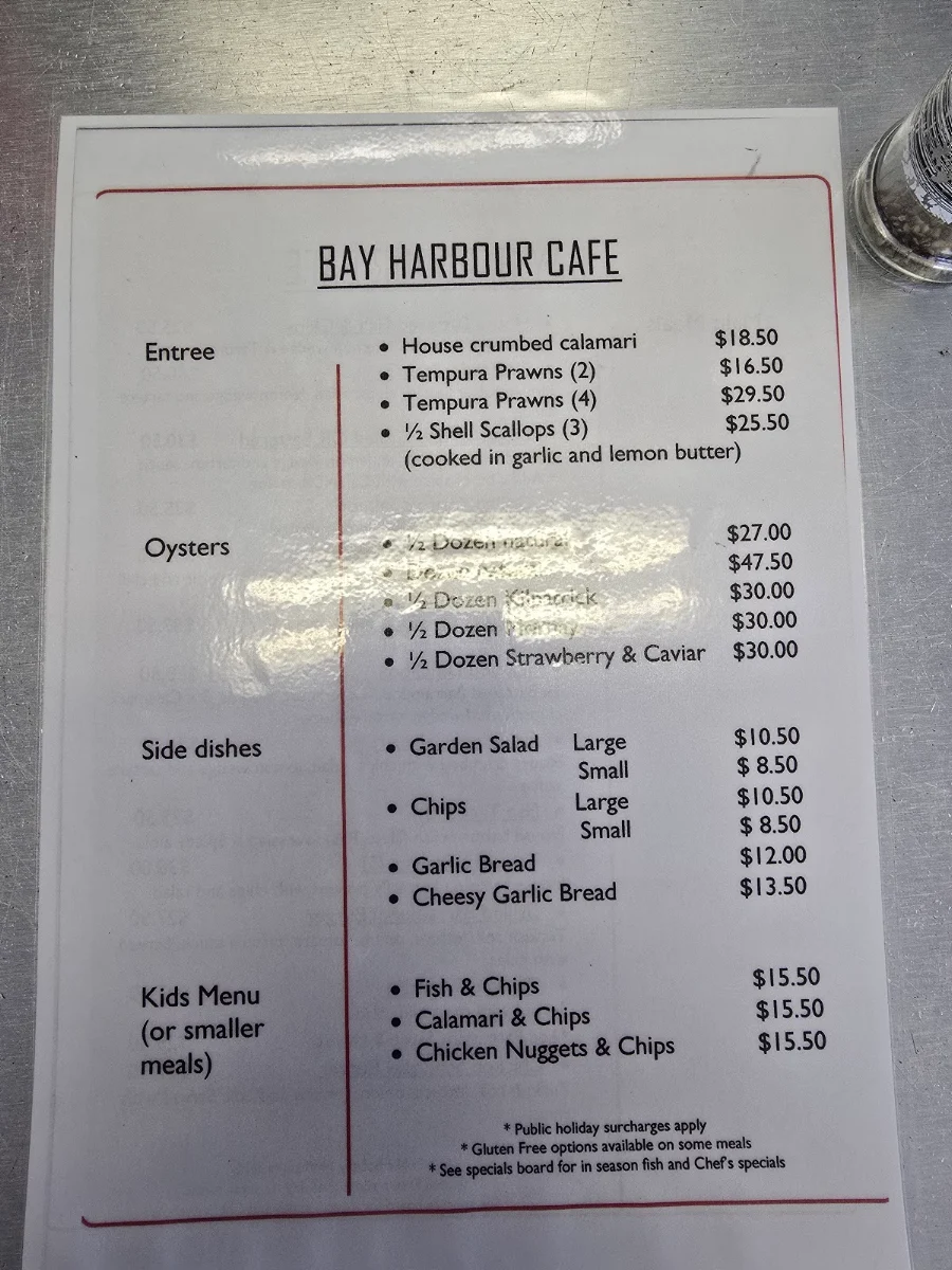 Menu, Bay Harbour Cafe