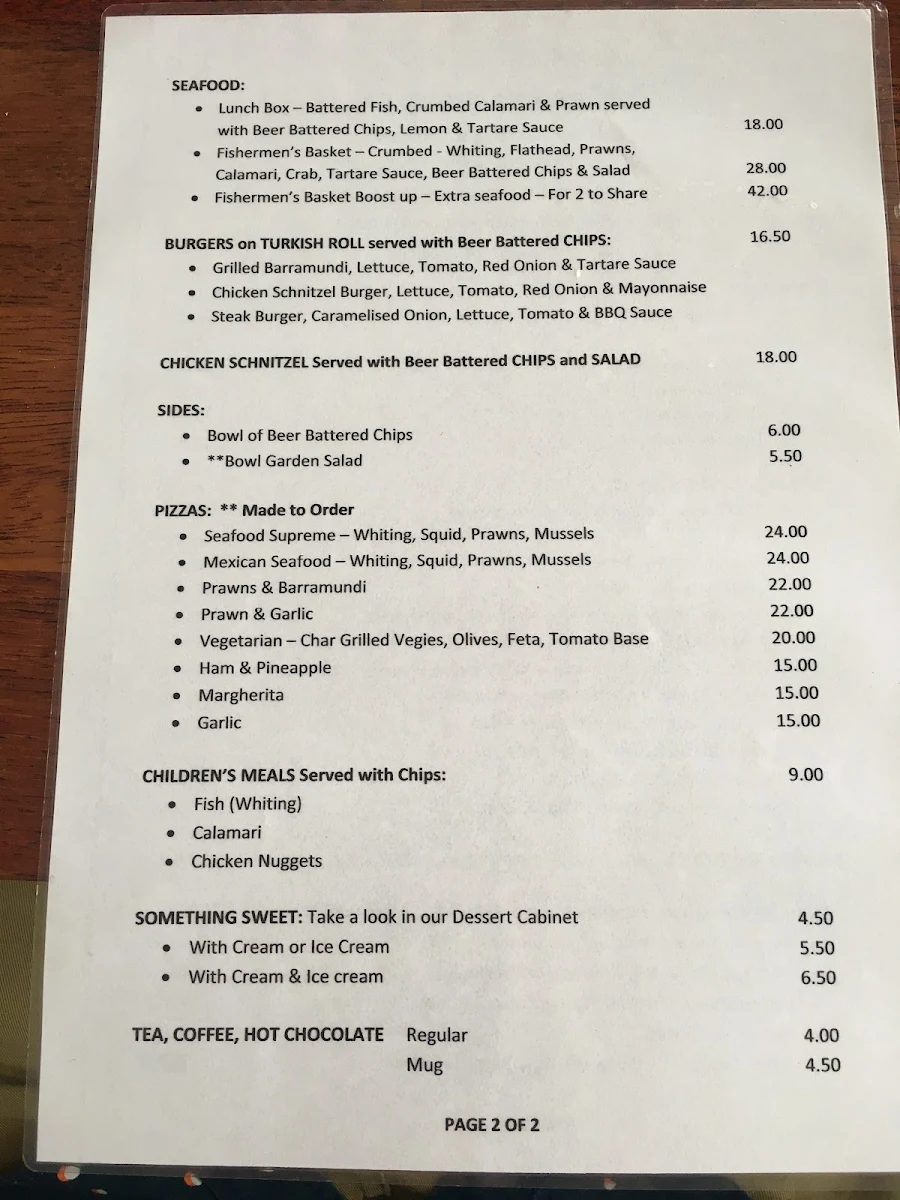 Menu, Bay Harbour Cafe