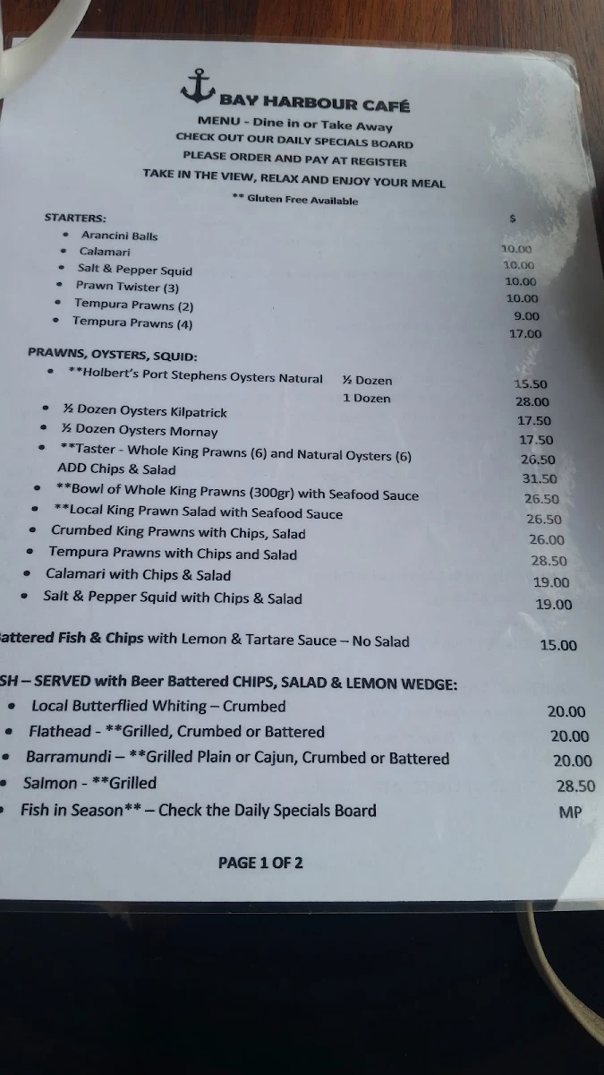 Menu, Bay Harbour Cafe