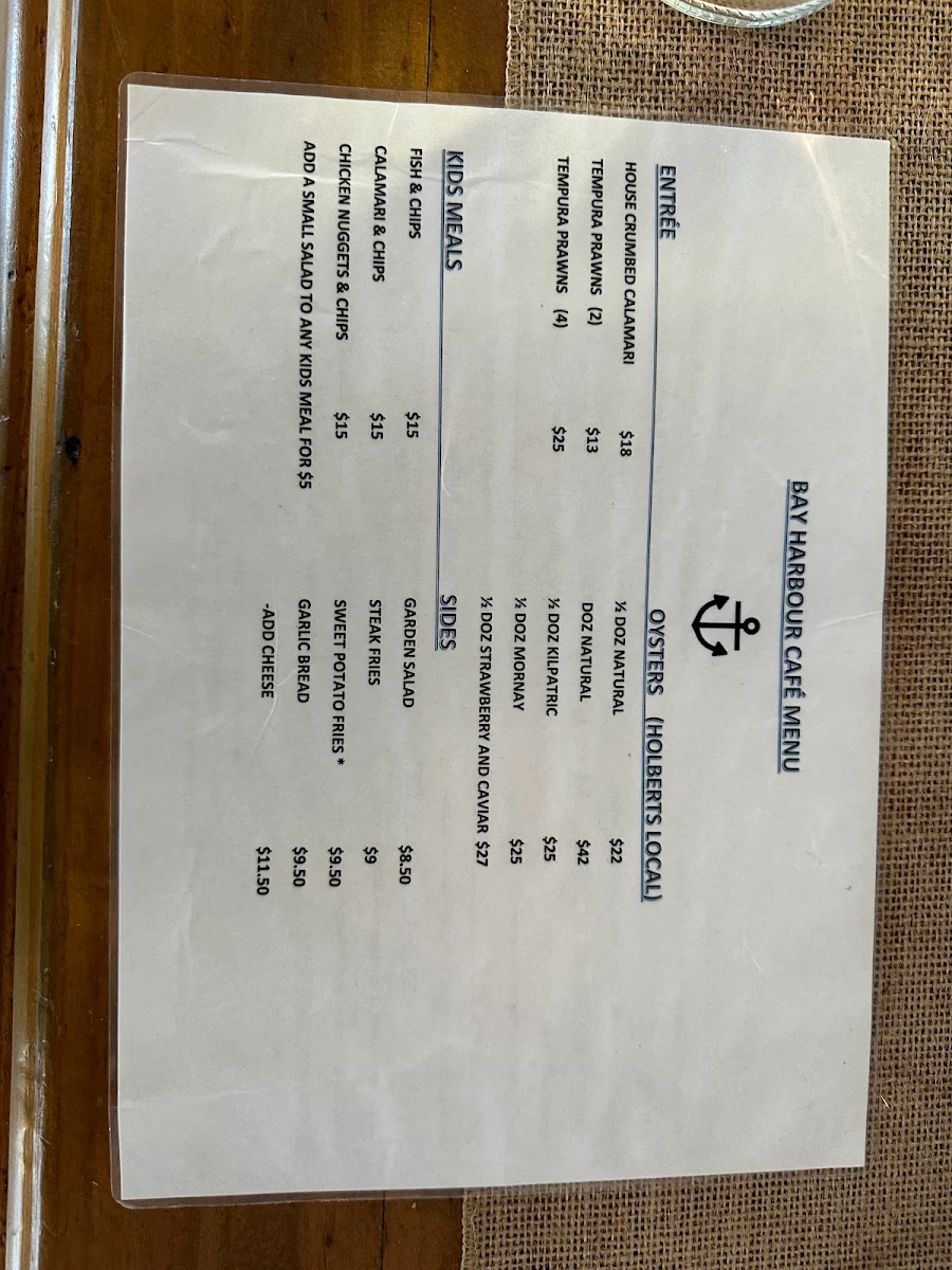 Menu, Bay Harbour Cafe