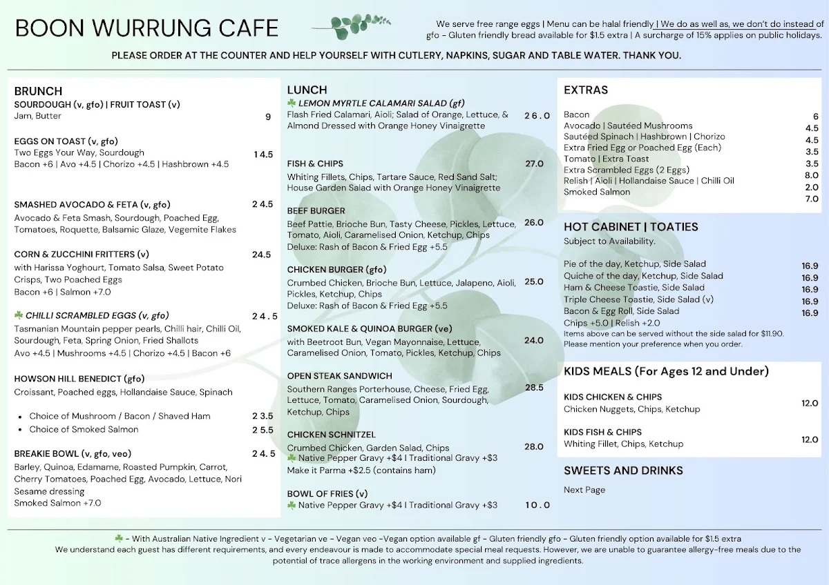 Menu, Boon Wurrung Cafe