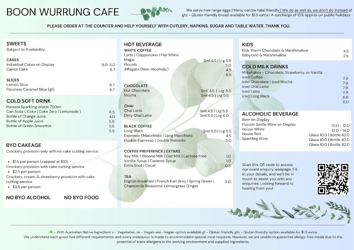 Menu, Boon Wurrung Cafe